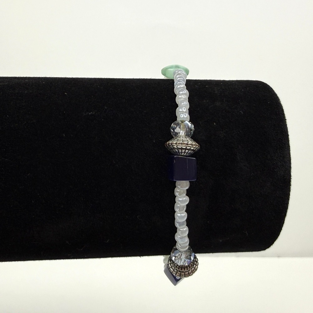 Acrylic Beaded Bracelet Stretch Band Blue Green Silver Accent Beads Jewelry